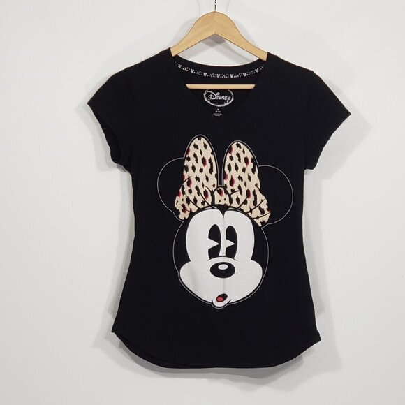 Disney  Minnie Mouse  Cheetah Print Bow  Black T-Shirt  Short Sleeve  Juniors M - Picture 1 of 3